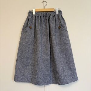 Blue Linen Cotton Women's Midi Skirt with Pockets